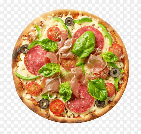 Hot big whole tasty pizza with melting cheese bacon tomatoes ham paprika on transparent background PNG