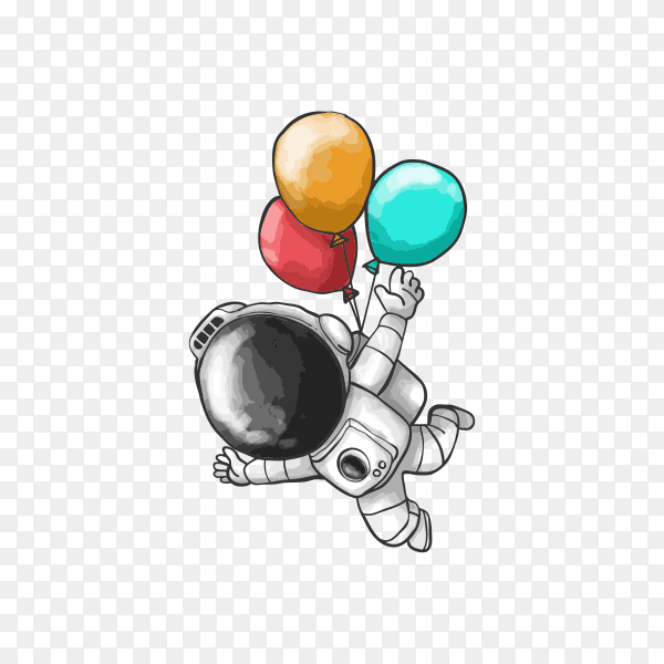 Illustration of astronaut design flying with balloons on transparent background PNG