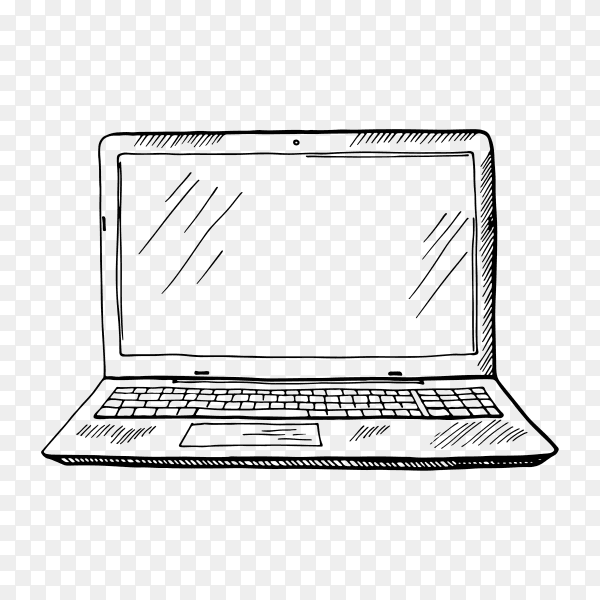 Laptop hand drawn sketch in black and white color illustration on transparent background PNG