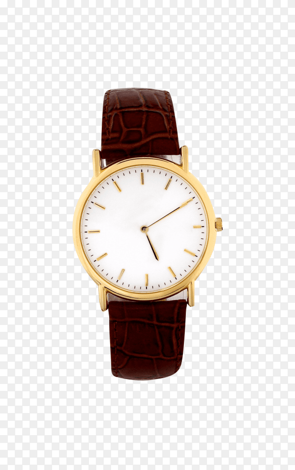 Men's watch with brown leather band on transparent background PNG