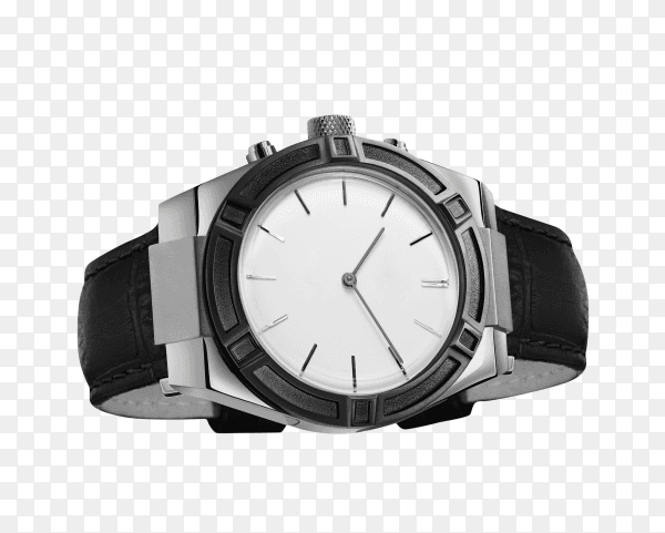 Men's watch with leather strap and white dial on transparent background PNG