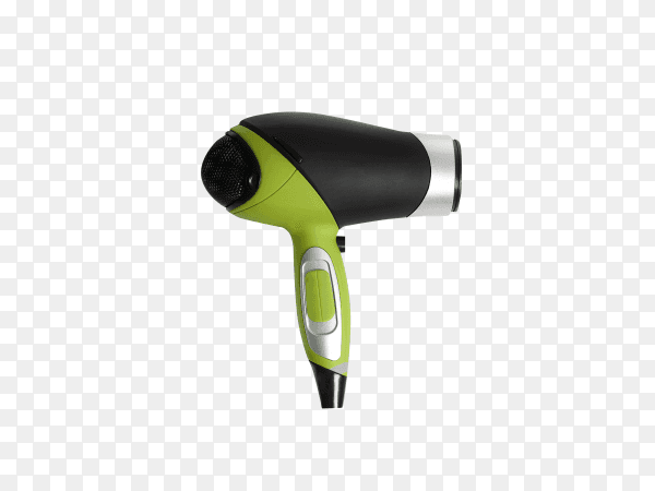 Modern hair dryer in green color on transparent background PNG