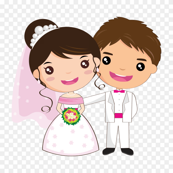 Nice wedding couple in cartoon style on transparent background PNG