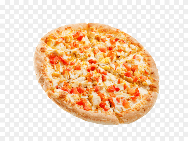 Pizza with cheese chicken and fresh tomato slices on transparent background PNG