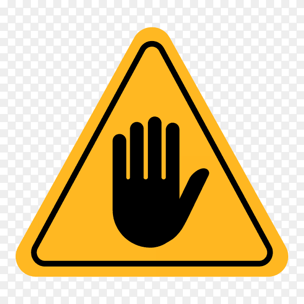 STOP! No entry. Hand sign . Attention triangular stop icon. Hand symbol for prohibited activities on transparent background PNG