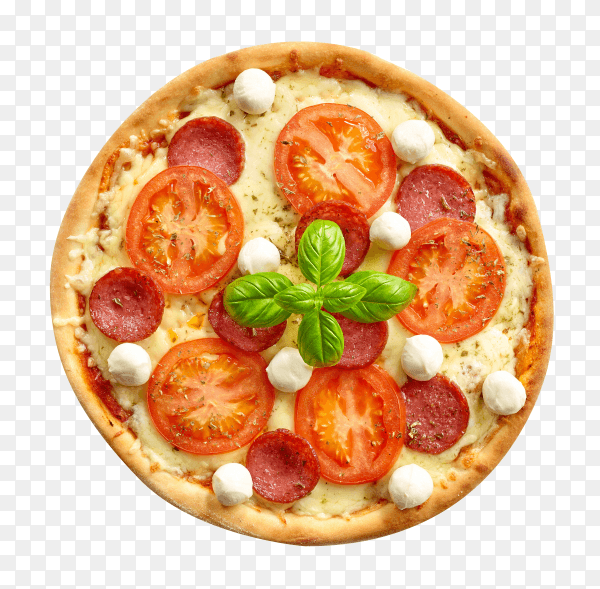 Tasty fresh pizza with ingredients tomatoes and basil on transparent background PNG