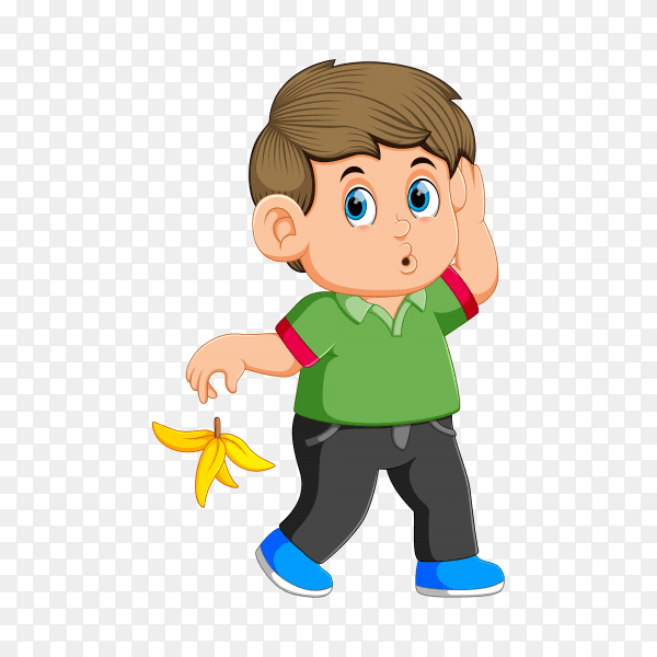 A boy Toss The Banana Peel in road on transparent background PNG