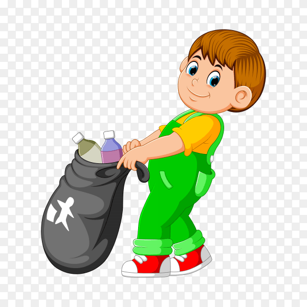 A boy carry trash bag on transparent background PNG