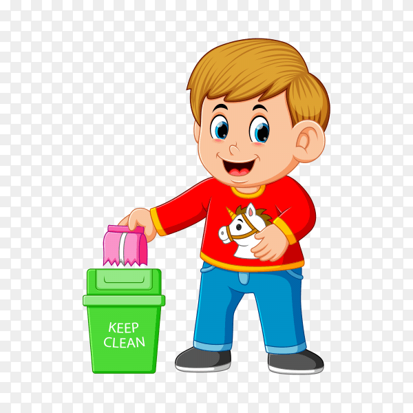A boy throw trash in basket trash on transparent background PNG
