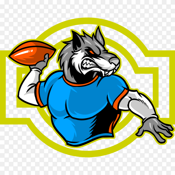 A sport emblem represented by a wolf that plays football on transparent background PNG