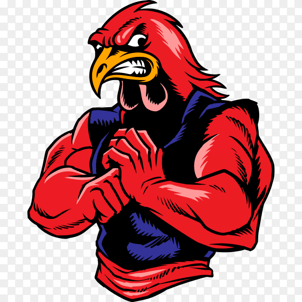 Angry Fighter chicken with red color and it's covered with muscles on transparent background PNG