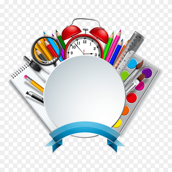Back to school sale banner with colorful pencil and other learning items on transparent background PNG