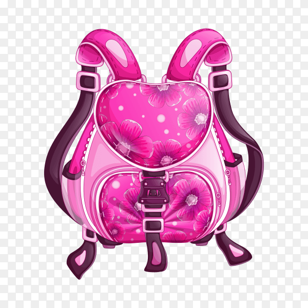 Beautiful pink sports backpack with a floral pattern. Spring design bags and accessories on transparent background PNG