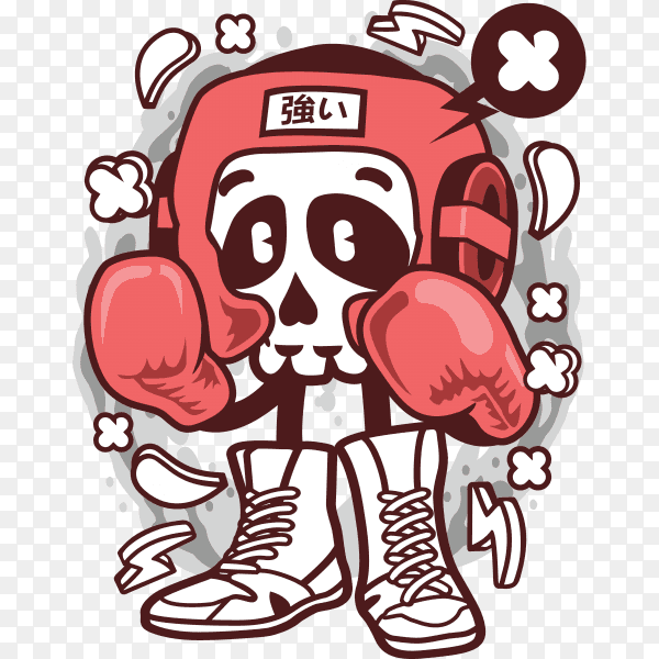 Boxing skull cartoon character on transparent background PNG