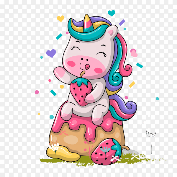 Cartoon funny unicorn with sweet cake on transparent background PNG