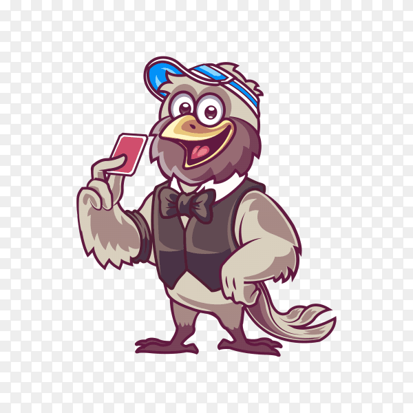 Casino card trader bird cartoon mascot on transparent background PNG