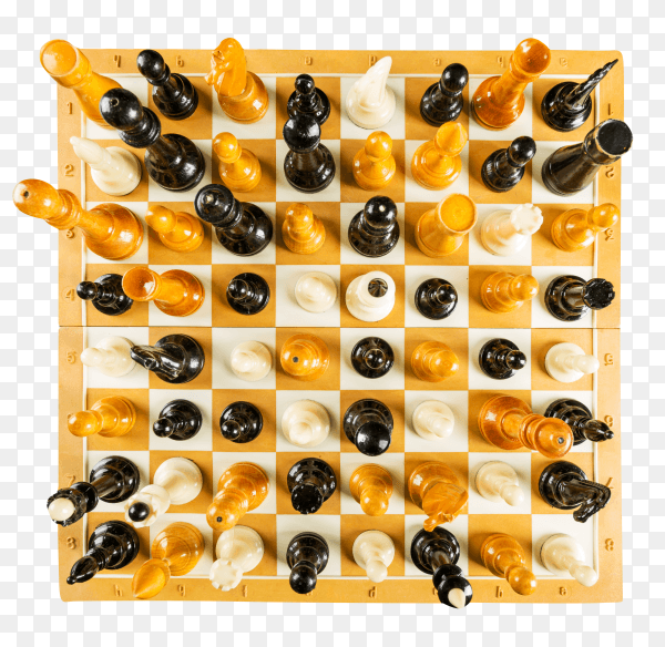 Chessboard with chess pieces on transparent background PNG