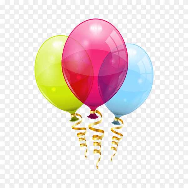 Colorful birthday balloons with gold ribbon on transparent background PNG