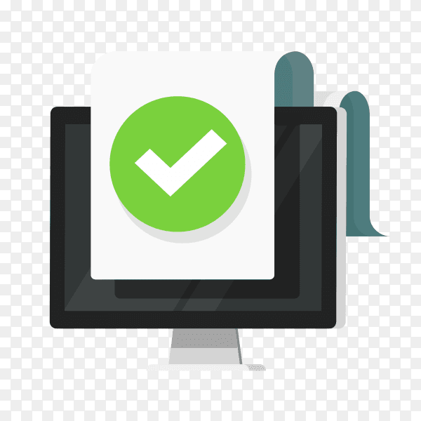 Computer with checkmark or tick notification on document or approved file icon flat on transparent background PNG