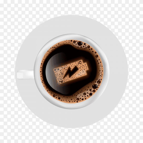 Cup of coffee with battery energy on foam on transparent background PNG