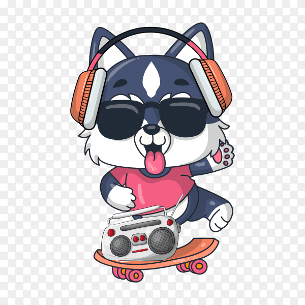 Cute baby husky dog cartoon with skateboard illustration on transparent background PNG
