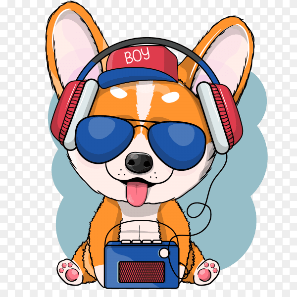 Cute cartoon dog corgi listening music with headphone on transparent background PNG