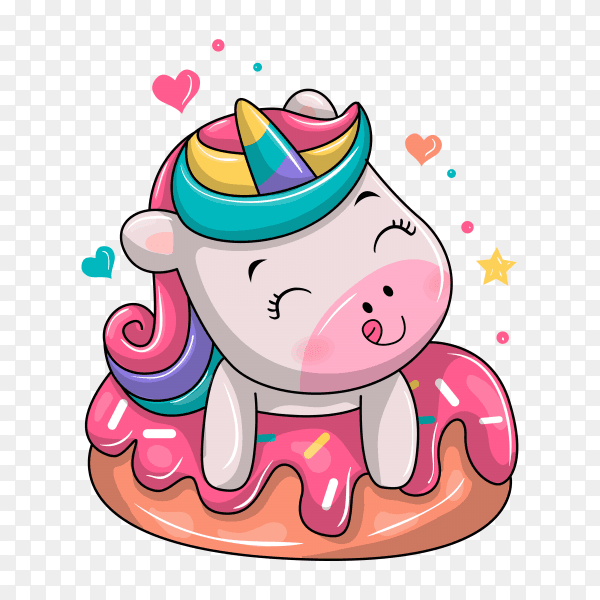 Cute unicorn sitting on dessert cartoon illustration on transparent background PNG
