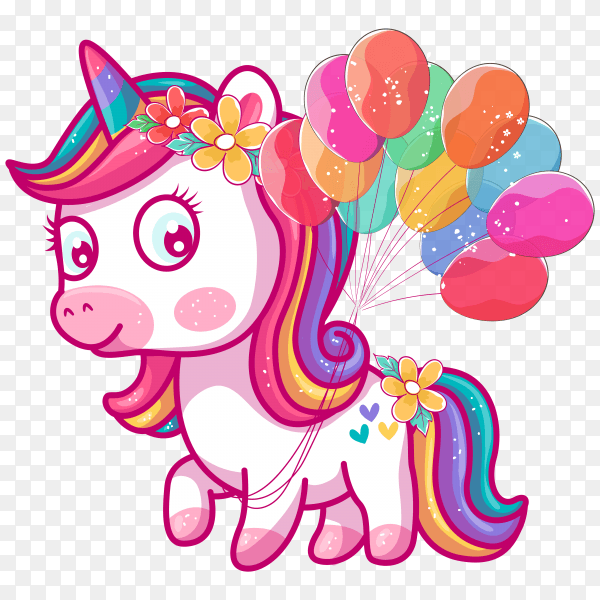 Cute unicorn with balloons on transparent background PNG