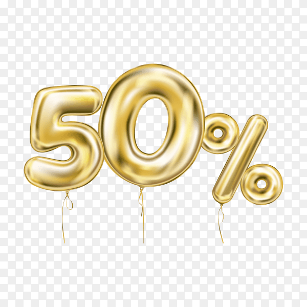 Fifty percent discount sign made of golden inflatable balloons isolated on transparent background PNG