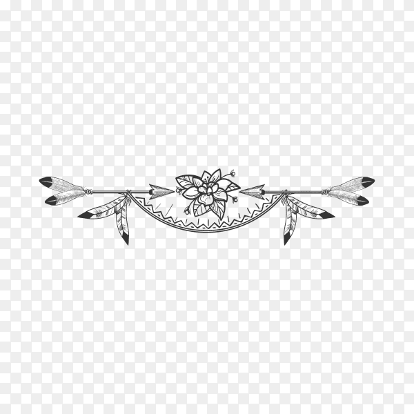 Flower and arrow boho style divider on transparent background PNG