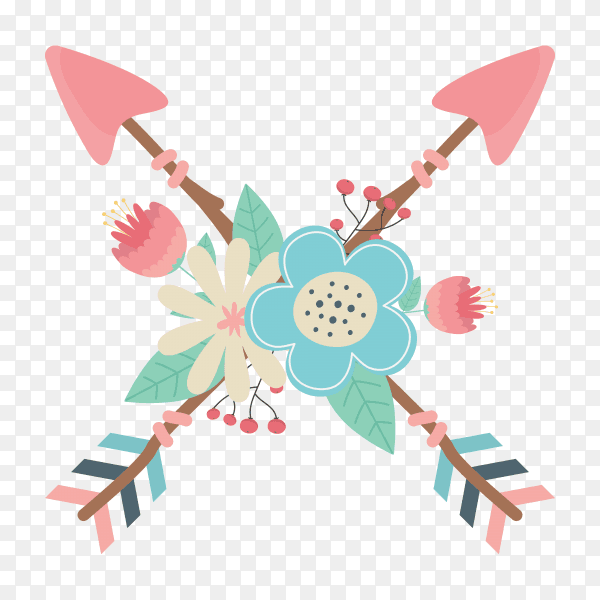 Flowers feathers with arrows decorating with boho style on transparent background PNG