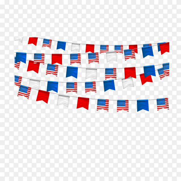 Garlands of bunting USA flags. Decorative patriotic symbols for national holidays in United States of America. banner for celebrate Independence, labor, patriot day on transparent background PNG
