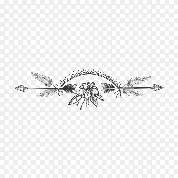 Hand drawn Flower and arrow boho style divider on transparent background PNG