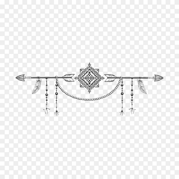 Hand drawn bohemian style dividers with arrows flowers and feathers on transparent PNG