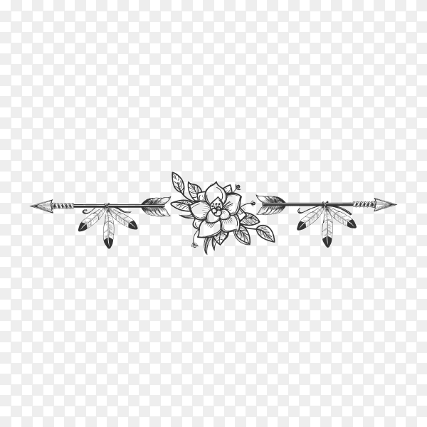 Hand drawn bohemian style dividers with arrows flowers and feathers on transparent background PNG