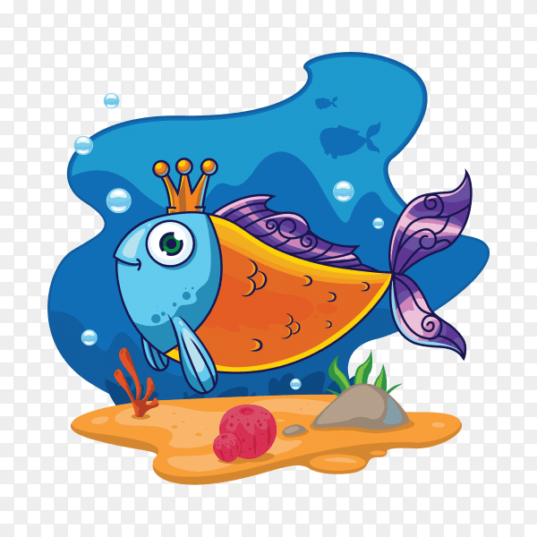 Hand drawn cartoon fish in water on transparent background PNG