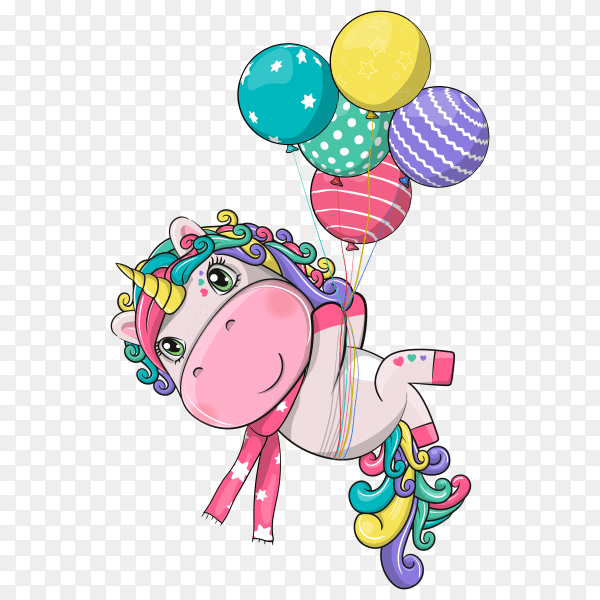 Hand drawn cute magical unicorn with balloons on transparent background PNG