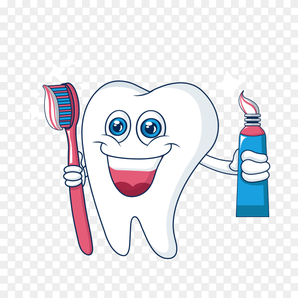 Healthy cute cartoon tooth character smiling happily tooth with toothpaste on transparent background PNG