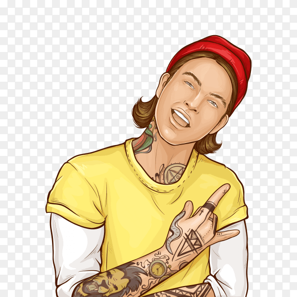 Hipster tattooed guy in fashioned clothing showing rock and roll sign on transparent background PNG
