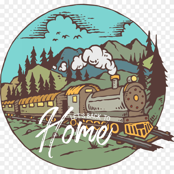 Illustration of train with mountain on transparent background PNG