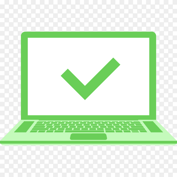 Laptop with check mark on green screen on transparent background PNG