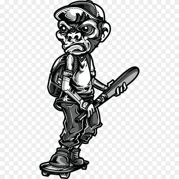 Monkey boy black and white illustration on transparent background PNG