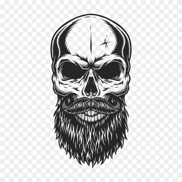 Monochrome illustration of hipster skull with mustache and beard on transparent background PNG