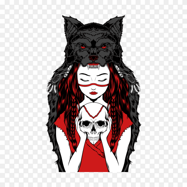 Native American girl with Wolf headdress handling skull on transparent background PNG