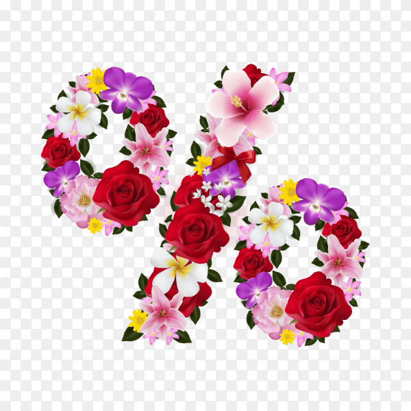 Percent sign with beautiful tropical flowers on transparent background PNG