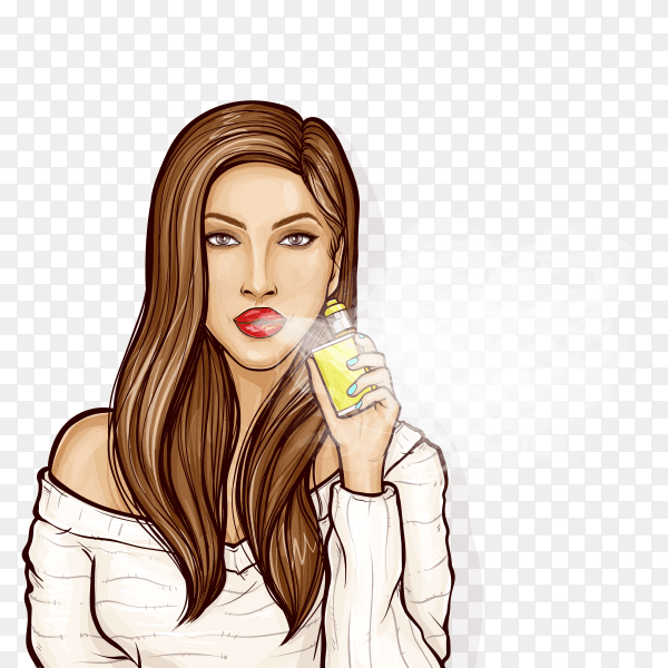 Pop art girl smoking e-cigarette on transparent background PNG