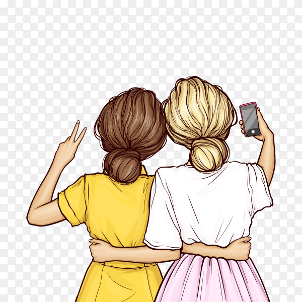 Pop art girlfriends makes selfie on smartphone on transparent background PNG