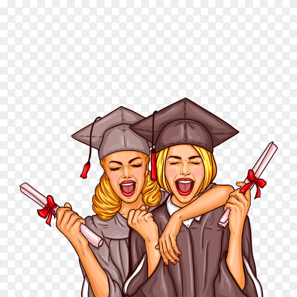 Pop art illustration of a two excited young girls graduate student in a graduation cap and mantle with a university diploma in their hands on transparent background PNG