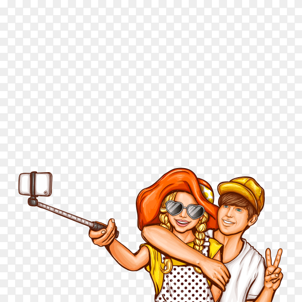 Pop art illustration of a young girl and boy making selfies on a smartphone on transparent background PNG