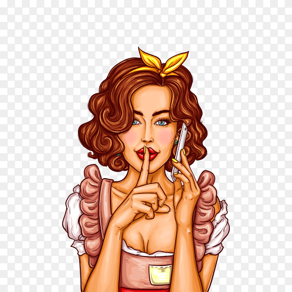Pop art illustration of a young girl talking on a mobile phone on transparent background PNG